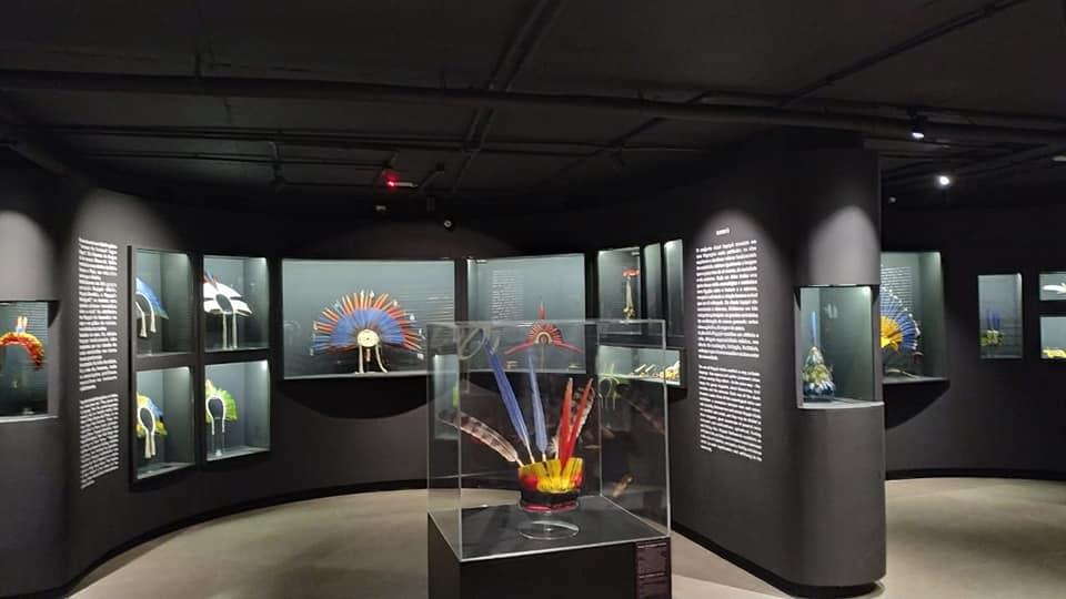 Foto mostra uma das salas do Museu de Arte Indígena com alguns objetos expostos
