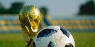 foto mostra uma bola no gramado e atrás a taça da Copa do Mundo