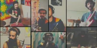 foto mostra os músicos da banda durante a gravação do vídeo cada um em sua casa